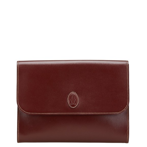 Cartier Must Line Clutch Bag/Second Bag Wine Red/Bordeaux Leather Women's CAR... - Picture 1 of 13